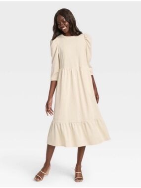 Who What Wear Womens Puff Sleeve Cream Tiered 3/4 Sleeve A-line Midi Dress Sz S